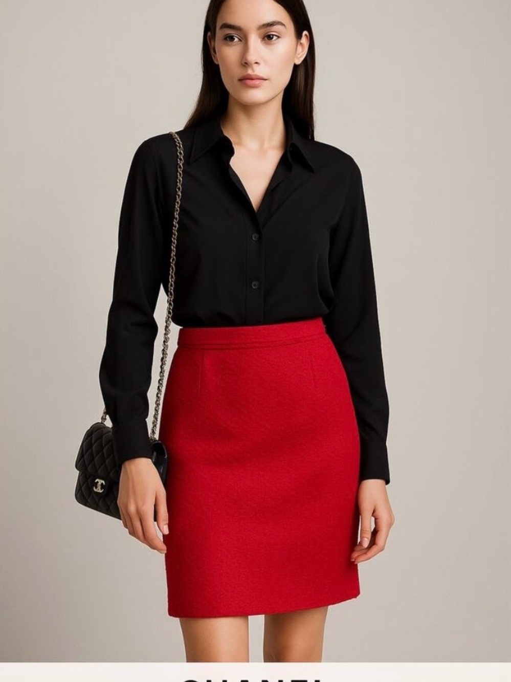 CHANEL Red Pencil Skirt Wool with Silk CC Lining Sz Small